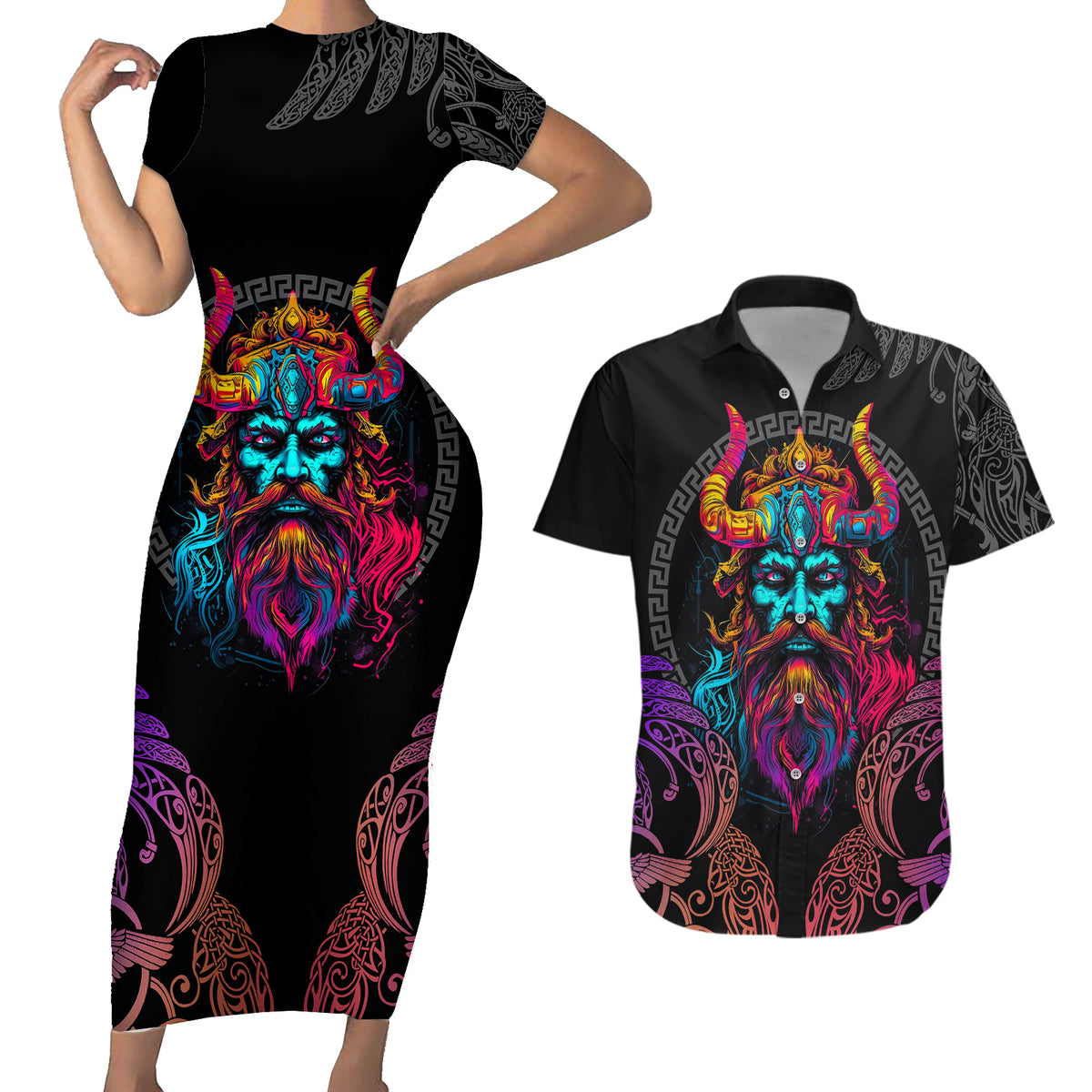 Nordic Warrior Viking Couples Matching Short Sleeve Bodycon Dress and Hawaiian Shirt with Raven Motif Neon - Wonder Print Shop