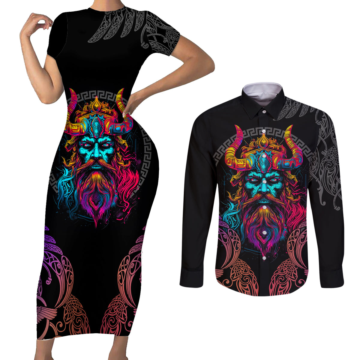 Nordic Warrior Viking Couples Matching Short Sleeve Bodycon Dress and Long Sleeve Button Shirts with Raven Motif Neon - Wonder Print Shop