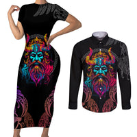 Nordic Warrior Viking Couples Matching Short Sleeve Bodycon Dress and Long Sleeve Button Shirts with Raven Motif Neon - Wonder Print Shop