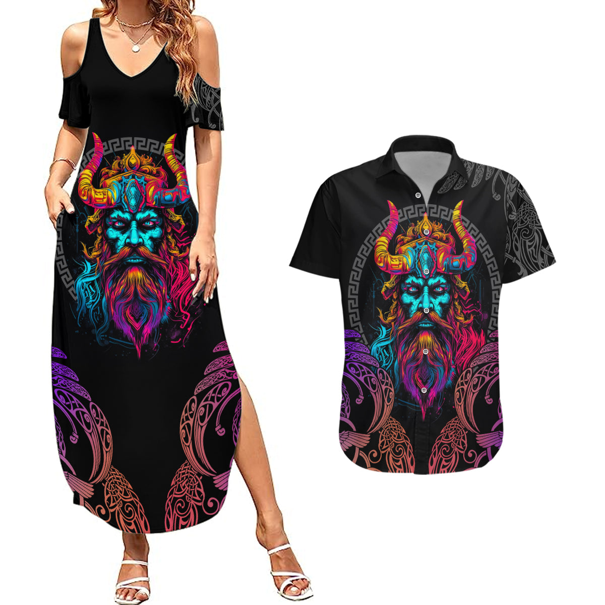 Nordic Warrior Viking Couples Matching Summer Maxi Dress and Hawaiian Shirt with Raven Motif Neon - Wonder Print Shop