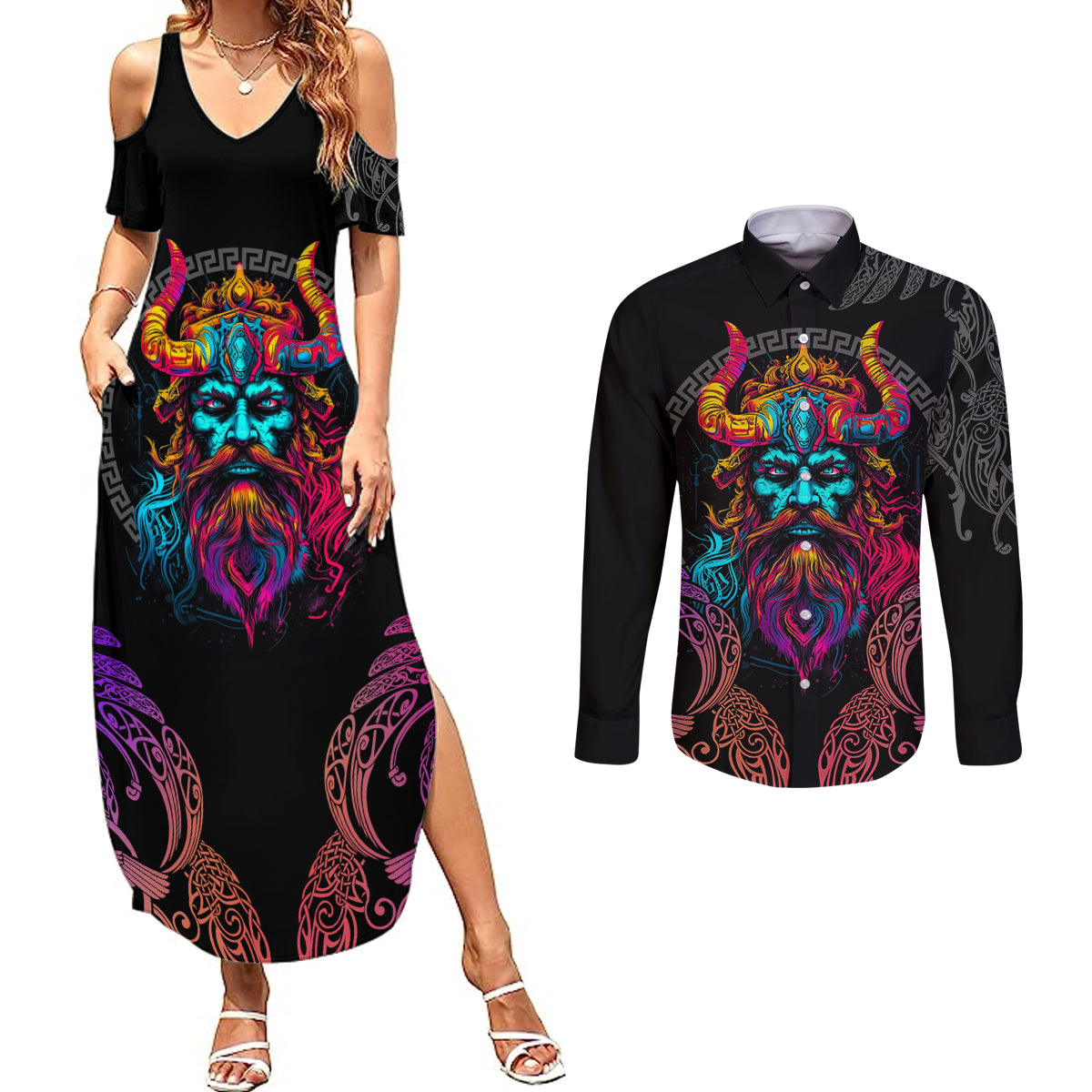 Nordic Warrior Viking Couples Matching Summer Maxi Dress and Long Sleeve Button Shirts with Raven Motif Neon - Wonder Print Shop