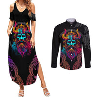 Nordic Warrior Viking Couples Matching Summer Maxi Dress and Long Sleeve Button Shirts with Raven Motif Neon - Wonder Print Shop
