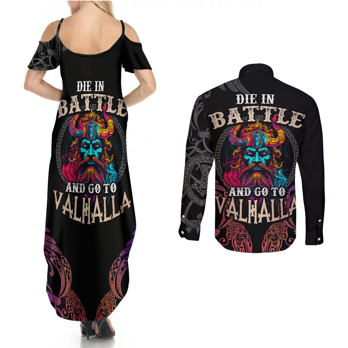 Nordic Warrior Viking Couples Matching Summer Maxi Dress and Long Sleeve Button Shirts with Raven Motif Neon - Wonder Print Shop