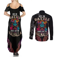 Nordic Warrior Viking Couples Matching Summer Maxi Dress and Long Sleeve Button Shirts with Raven Motif Neon - Wonder Print Shop