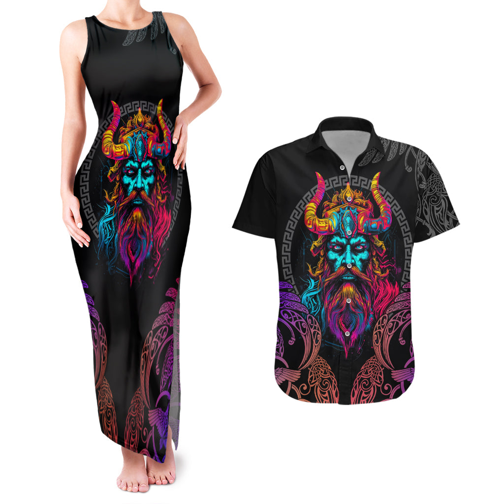 Nordic Warrior Viking Couples Matching Tank Maxi Dress and Hawaiian Shirt with Raven Motif Neon - Wonder Print Shop