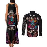 Nordic Warrior Viking Couples Matching Tank Maxi Dress and Long Sleeve Button Shirts with Raven Motif Neon - Wonder Print Shop
