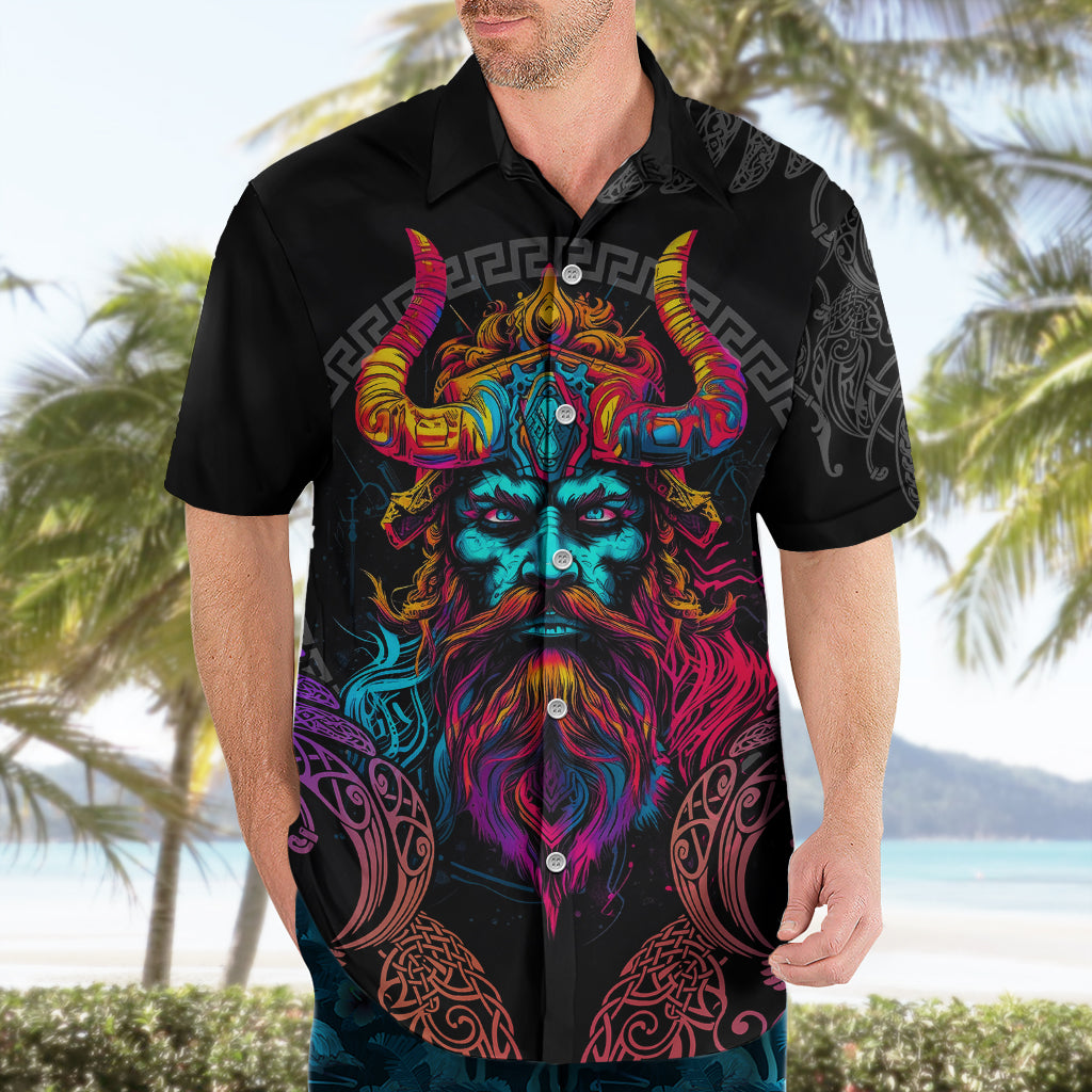 Nordic Warrior Viking Hawaiian Shirt with Raven Motif Neon - Wonder Print Shop