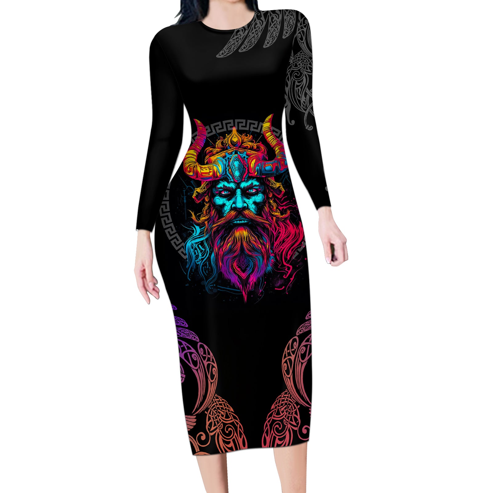 Nordic Warrior Viking Long Sleeve Bodycon Dress with Raven Motif Neon - Wonder Print Shop