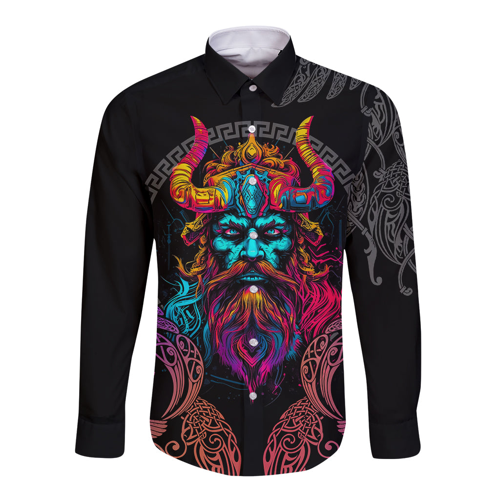 Nordic Warrior Viking Long Sleeve Button Shirt with Raven Motif Neon - Wonder Print Shop