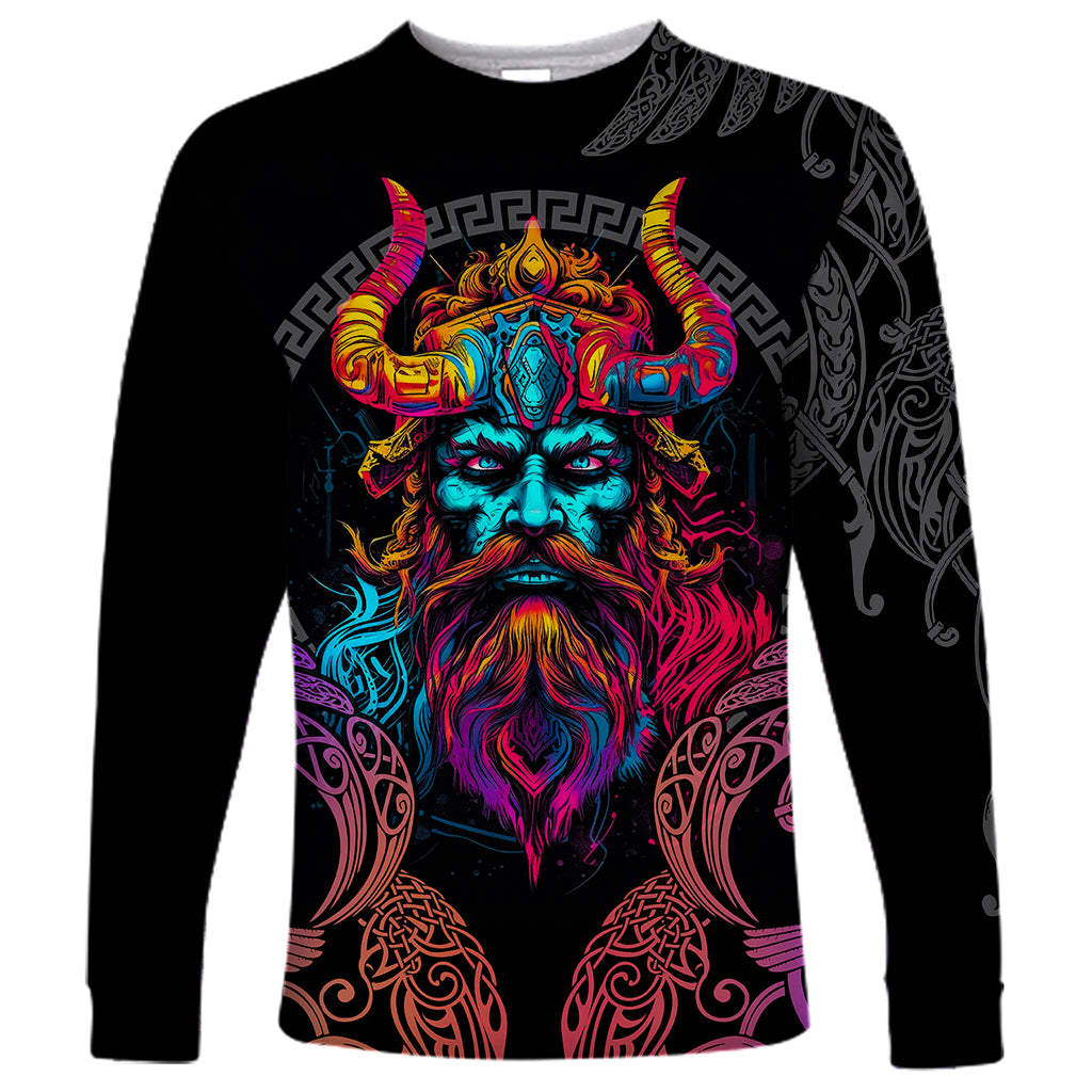 Nordic Warrior Viking Long Sleeve Shirt with Raven Motif Neon - Wonder Print Shop