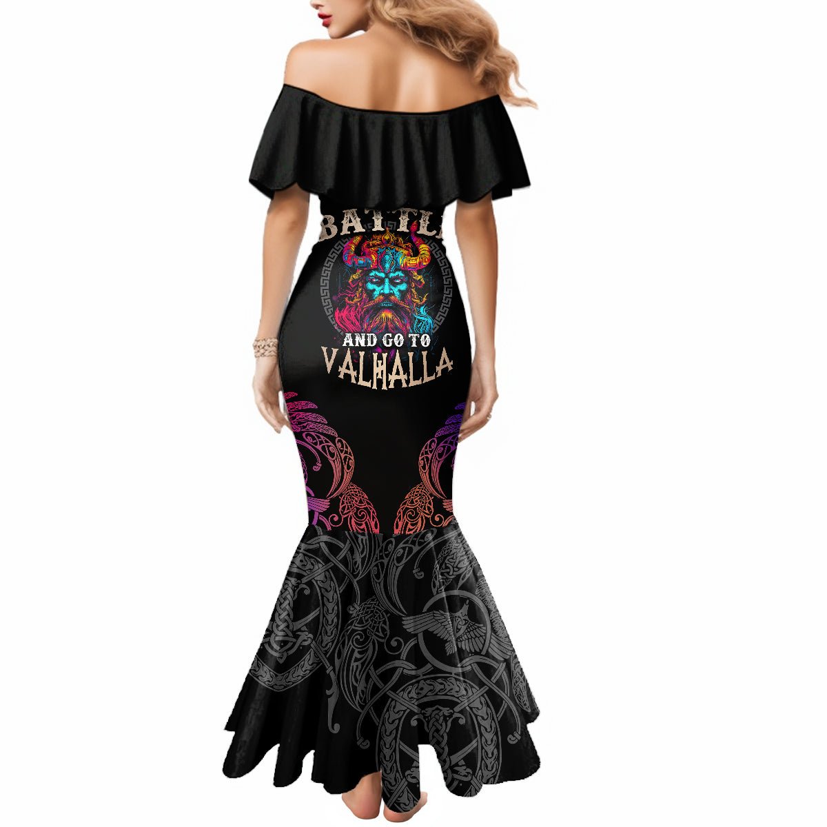 Nordic Warrior Viking Mermaid Dress with Raven Motif Neon - Wonder Print Shop