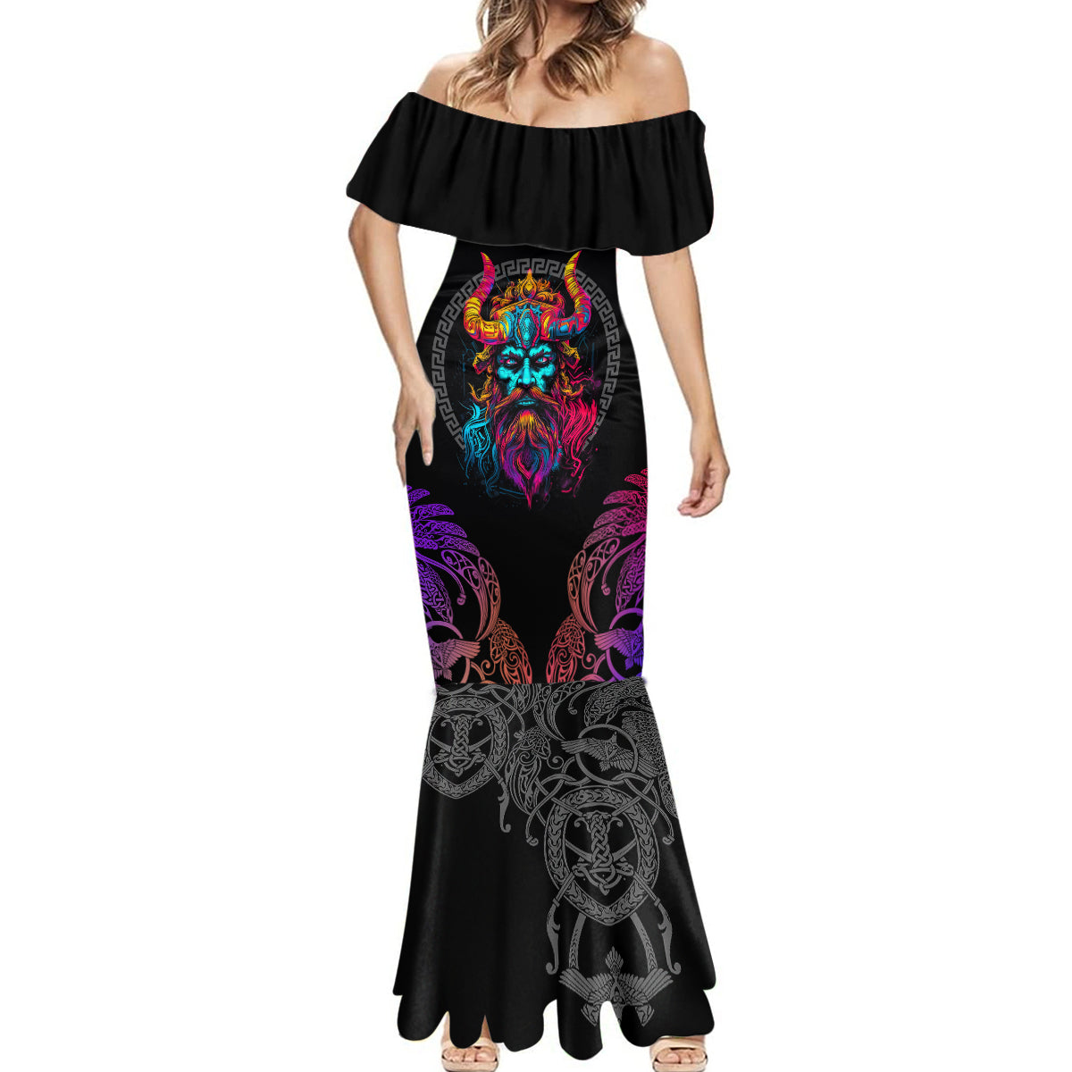 Nordic Warrior Viking Mermaid Dress with Raven Motif Neon - Wonder Print Shop
