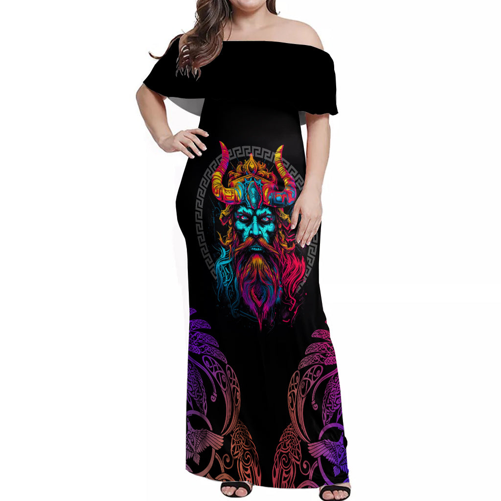 Nordic Warrior Viking Off Shoulder Maxi Dress with Raven Motif Neon - Wonder Print Shop