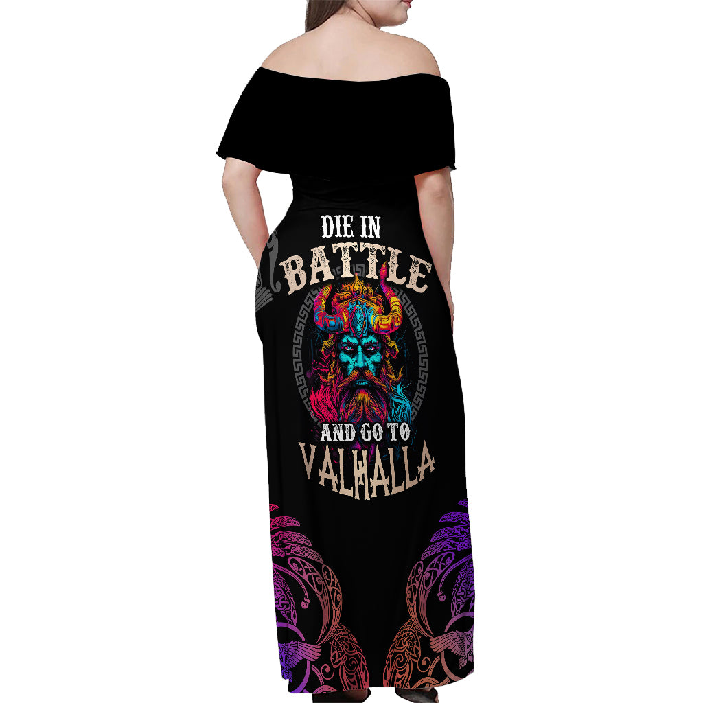Nordic Warrior Viking Off Shoulder Maxi Dress with Raven Motif Neon - Wonder Print Shop