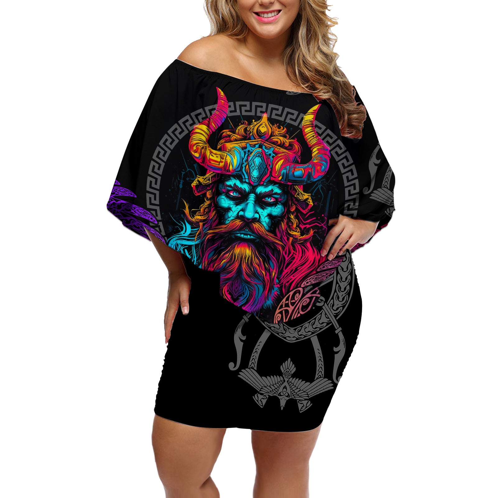 Nordic Warrior Viking Off Shoulder Short Dress with Raven Motif Neon - Wonder Print Shop