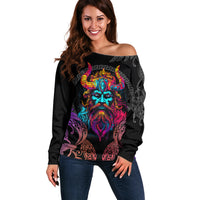 Nordic Warrior Viking Off Shoulder Sweater with Raven Motif Neon - Wonder Print Shop