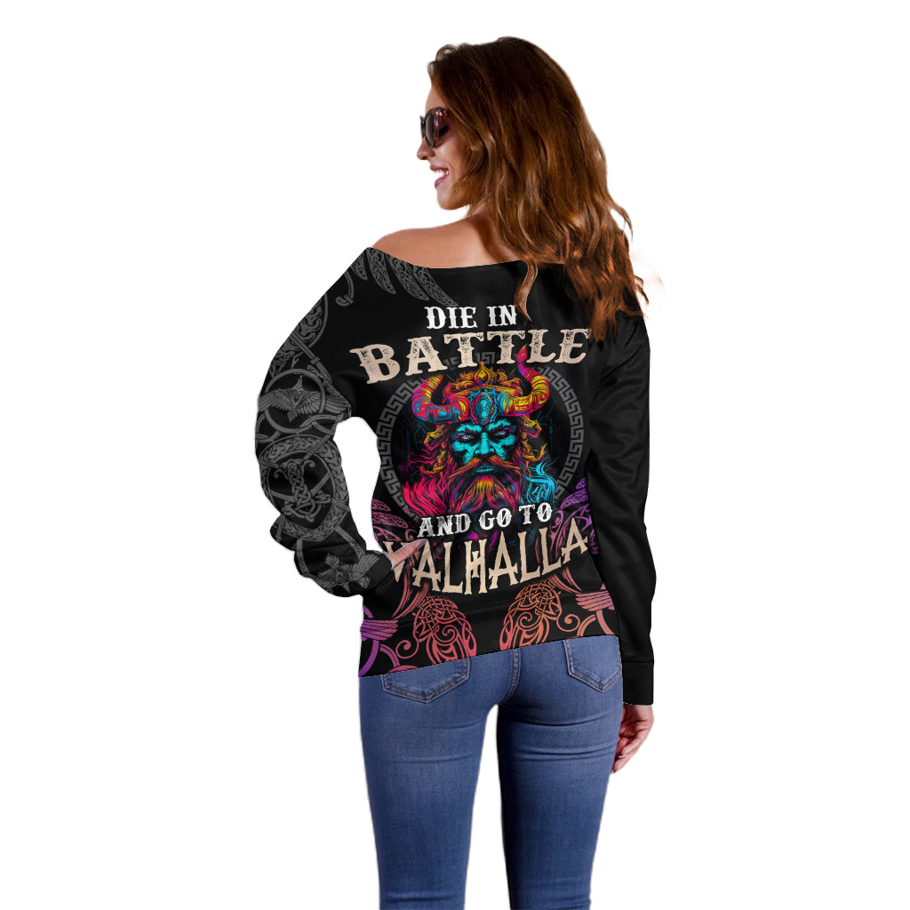 Nordic Warrior Viking Off Shoulder Sweater with Raven Motif Neon - Wonder Print Shop