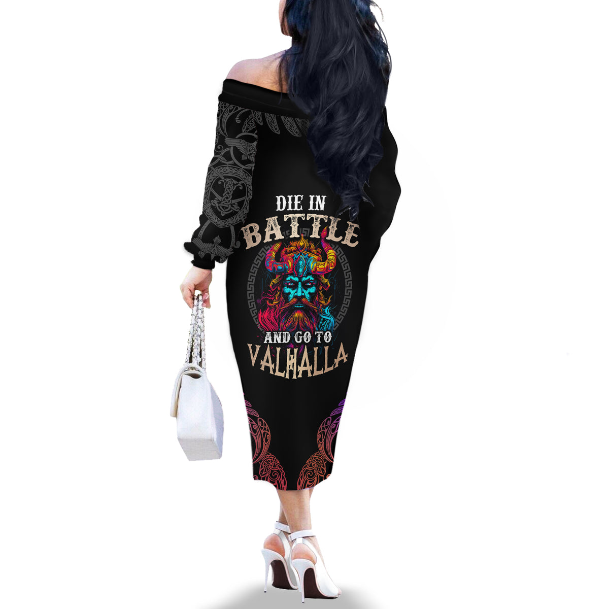 Nordic Warrior Viking Off The Shoulder Long Sleeve Dress with Raven Motif Neon - Wonder Print Shop
