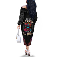Nordic Warrior Viking Off The Shoulder Long Sleeve Dress with Raven Motif Neon - Wonder Print Shop