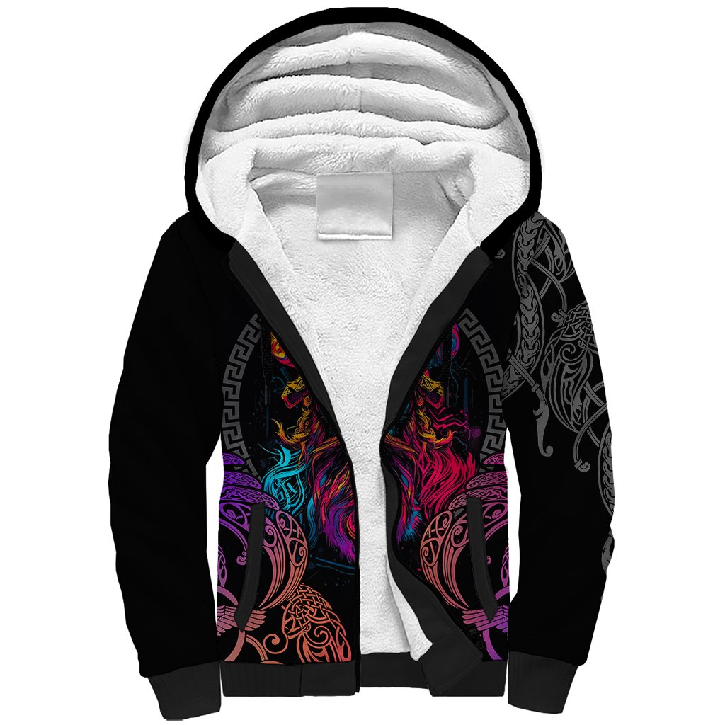 Nordic Warrior Viking Sherpa Hoodie with Raven Motif Neon - Wonder Print Shop