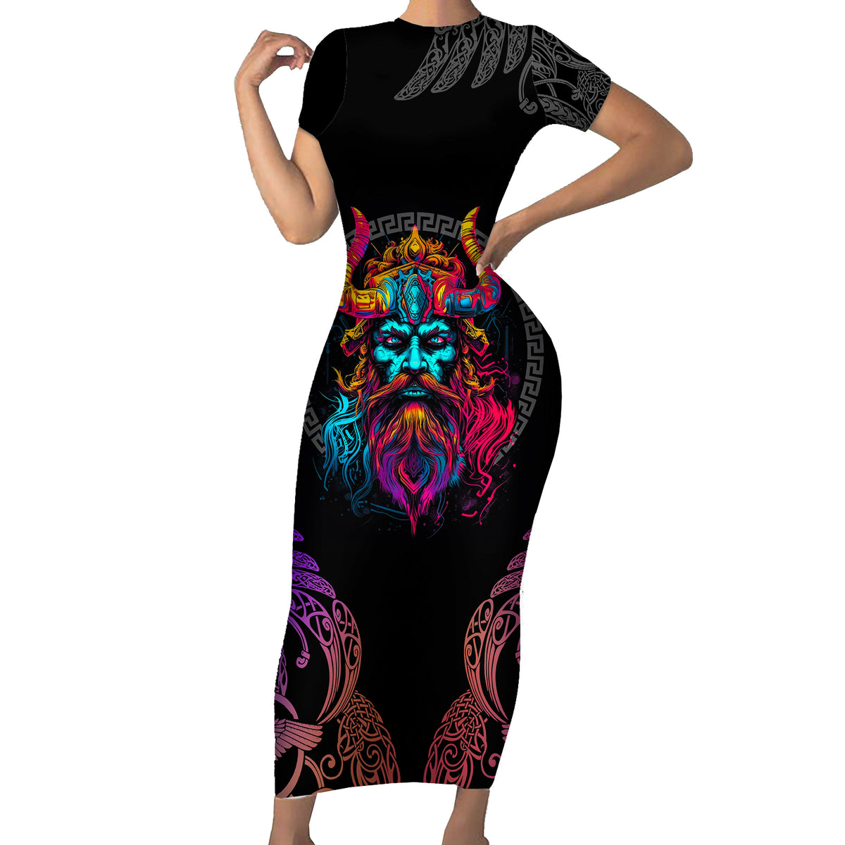 Nordic Warrior Viking Short Sleeve Bodycon Dress with Raven Motif Neon - Wonder Print Shop