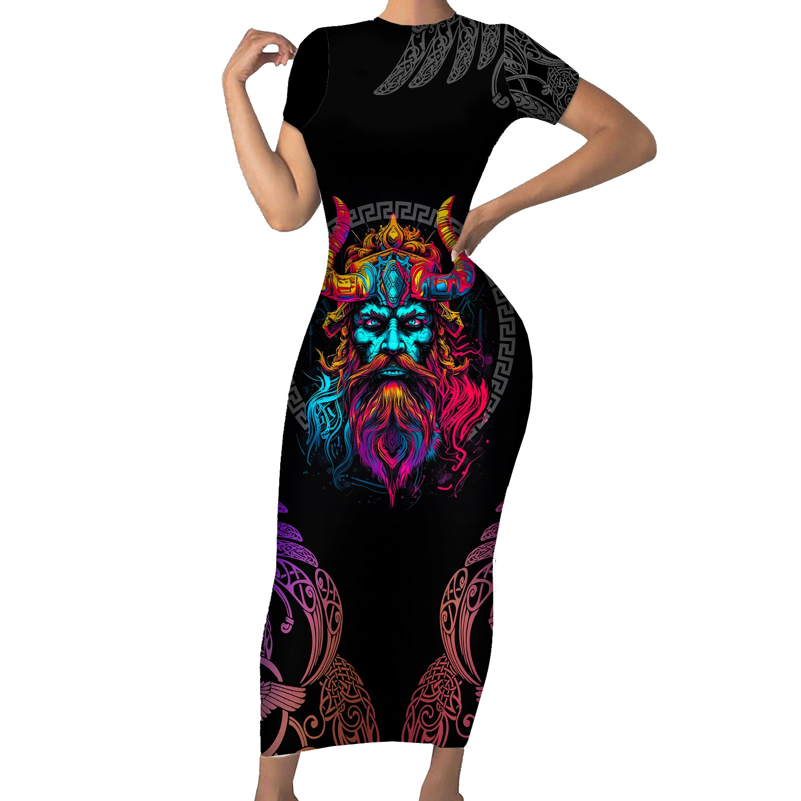 Nordic Warrior Viking Short Sleeve Bodycon Dress with Raven Motif Neon - Wonder Print Shop