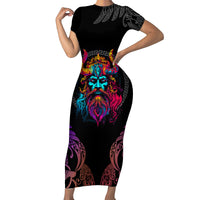 Nordic Warrior Viking Short Sleeve Bodycon Dress with Raven Motif Neon - Wonder Print Shop