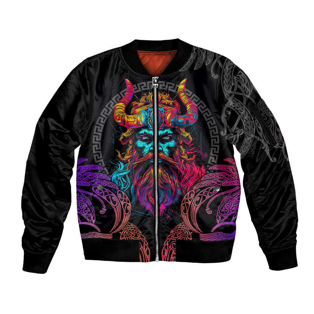 Nordic Warrior Viking Sleeve Zip Bomber Jacket with Raven Motif Neon - Wonder Print Shop