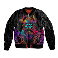 Nordic Warrior Viking Sleeve Zip Bomber Jacket with Raven Motif Neon - Wonder Print Shop