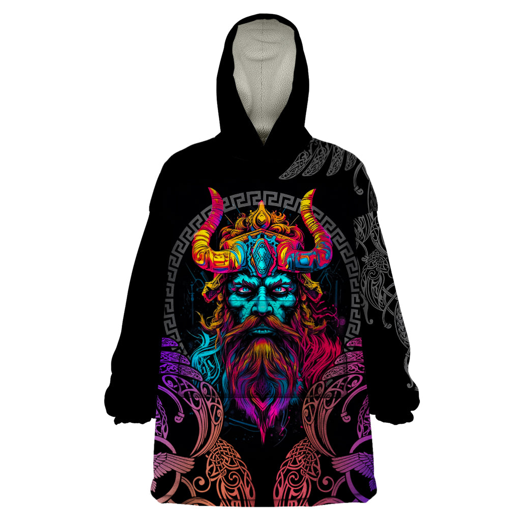 Nordic Warrior Viking Wearable Blanket Hoodie with Raven Motif Neon - Wonder Print Shop