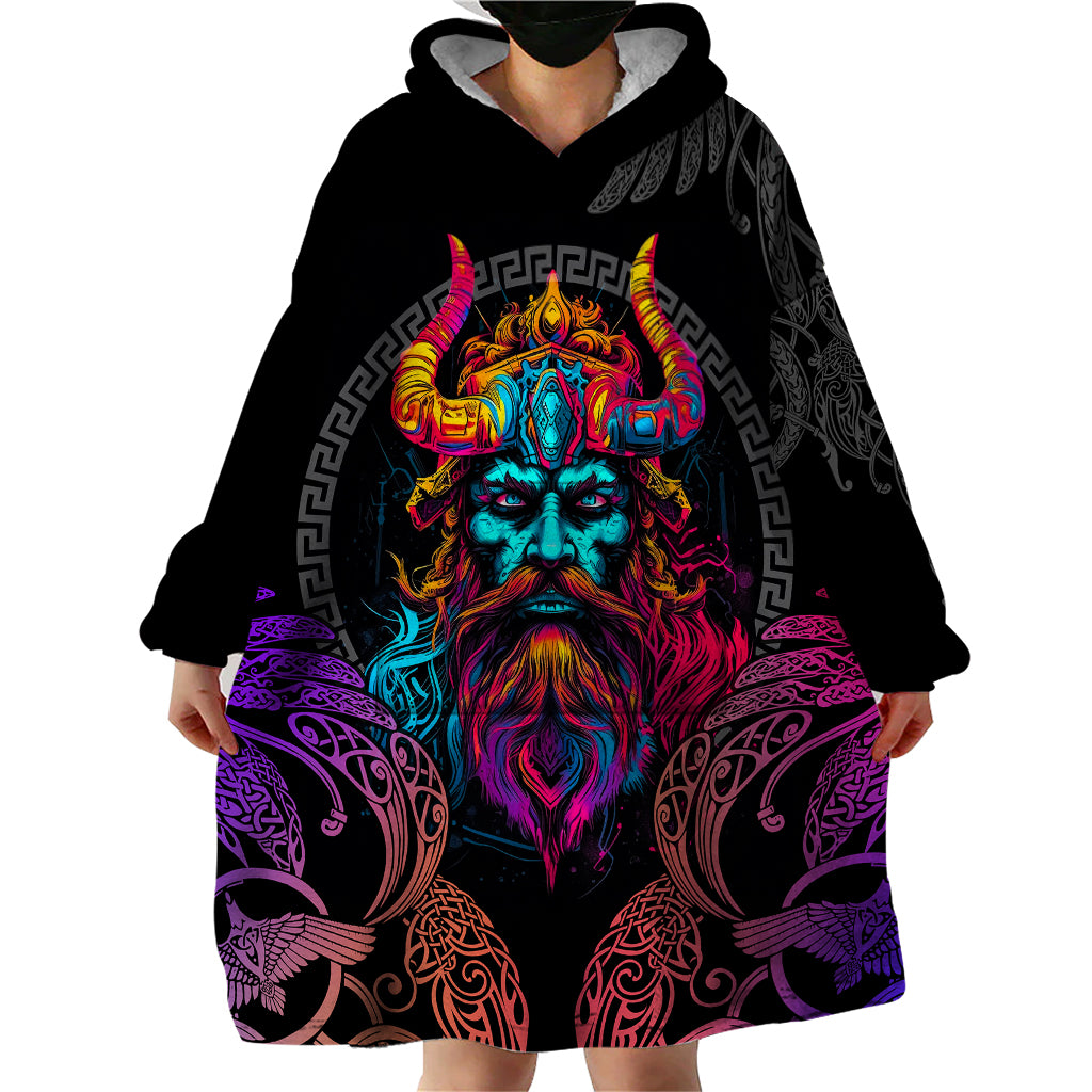 Nordic Warrior Viking Wearable Blanket Hoodie with Raven Motif Neon - Wonder Print Shop