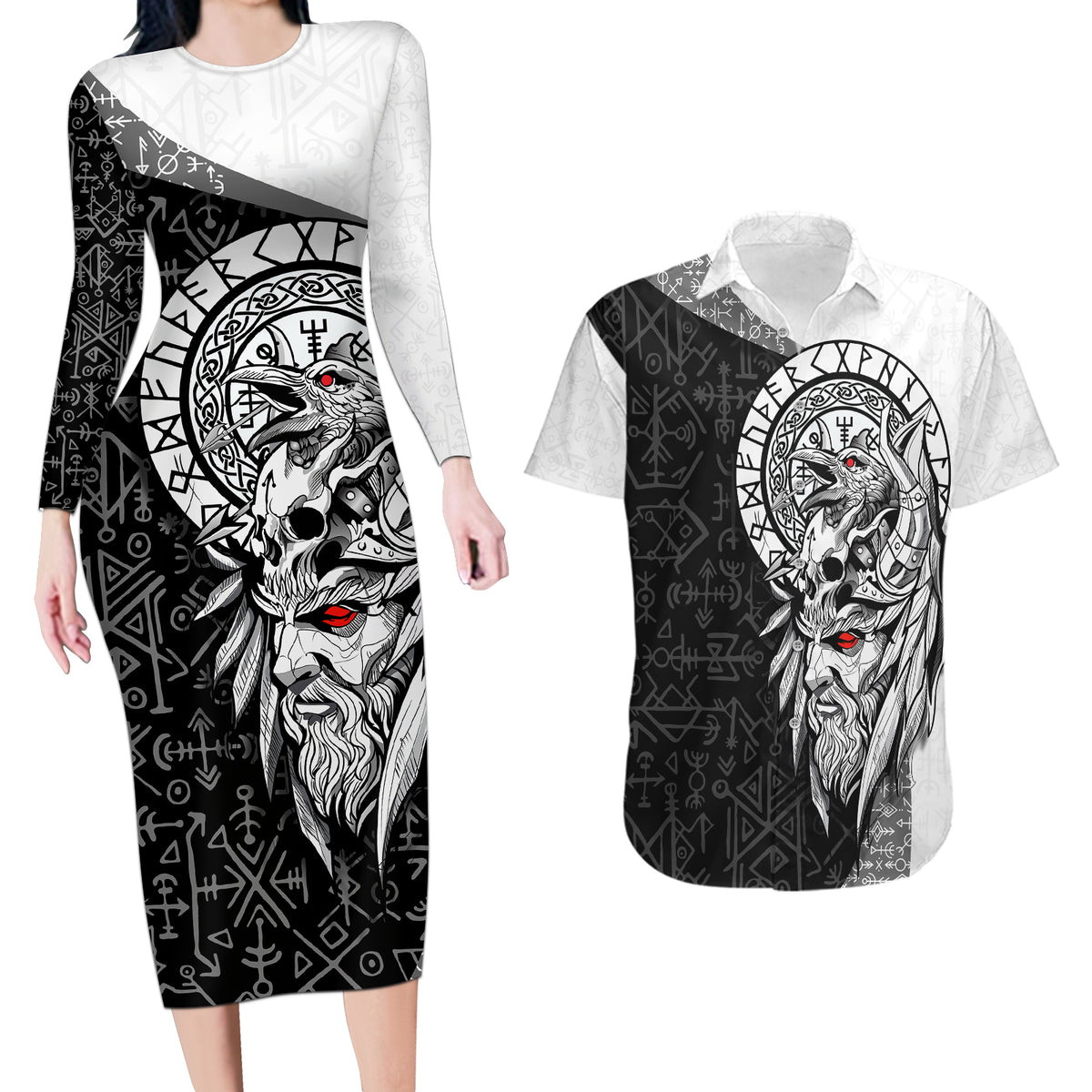 Viking Odin Couples Matching Long Sleeve Bodycon Dress and Hawaiian Shirt Ravens of Valhalla with Helm of Awe and Ancient Rune Patterns - Wonder Print Shop