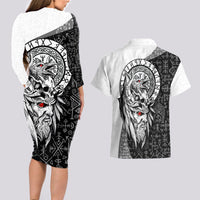 Viking Odin Couples Matching Long Sleeve Bodycon Dress and Hawaiian Shirt Ravens of Valhalla with Helm of Awe and Ancient Rune Patterns - Wonder Print Shop
