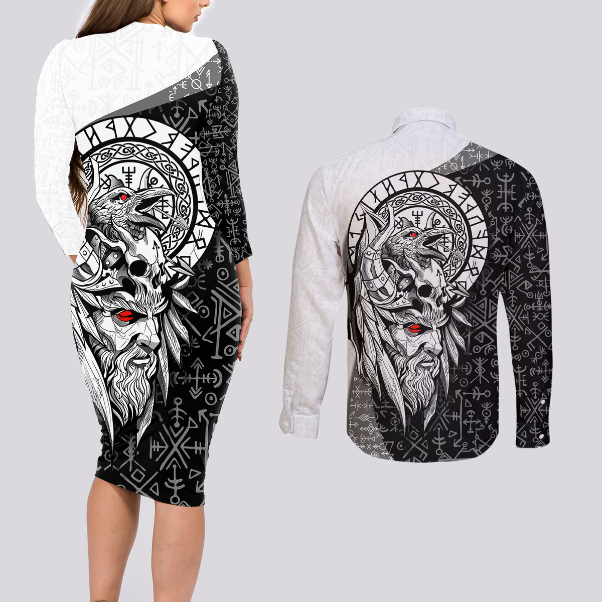 Viking Odin Couples Matching Long Sleeve Bodycon Dress and Long Sleeve Button Shirts Ravens of Valhalla with Helm of Awe and Ancient Rune Patterns - Wonder Print Shop