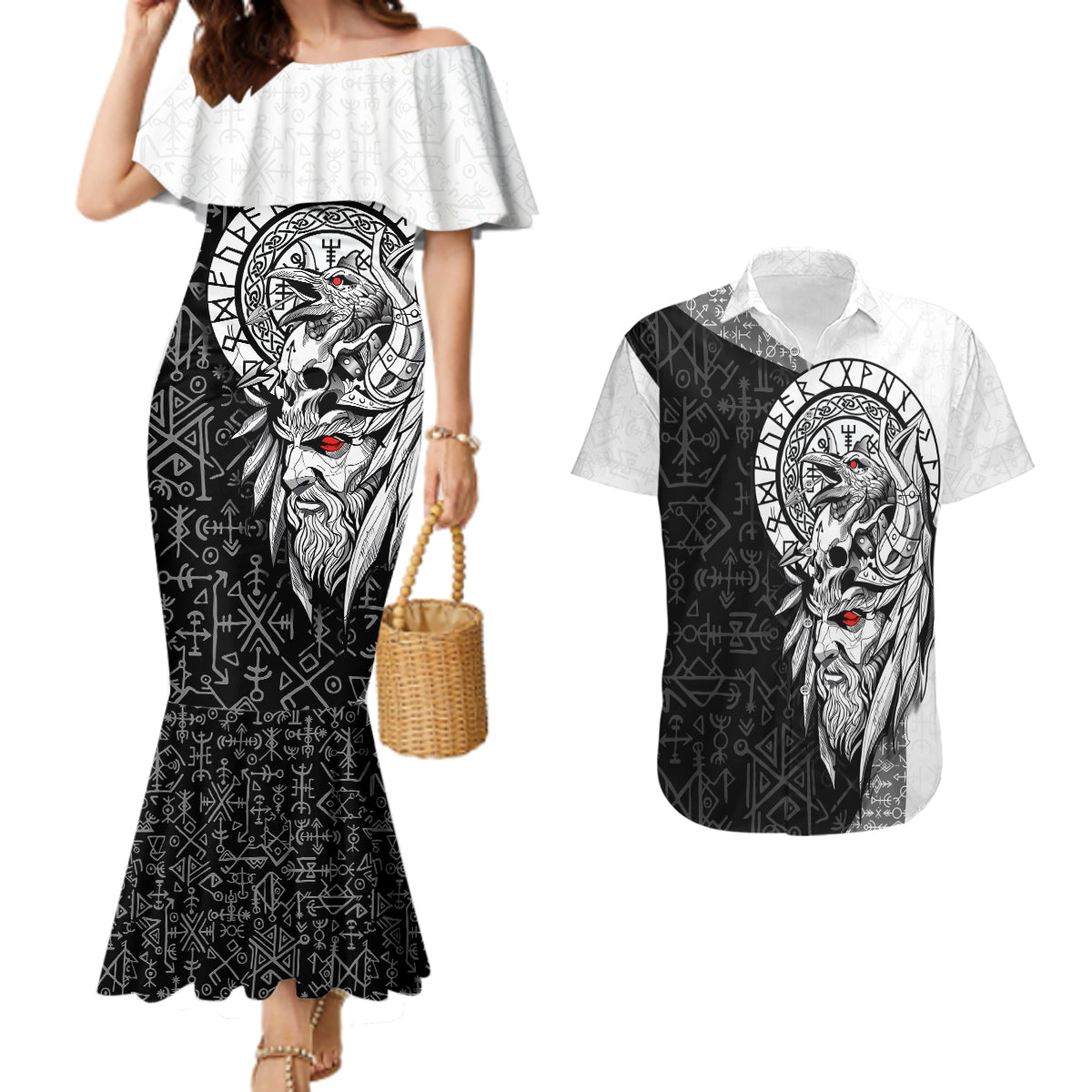 Viking Odin Couples Matching Mermaid Dress and Hawaiian Shirt Ravens of Valhalla with Helm of Awe and Ancient Rune Patterns - Wonder Print Shop