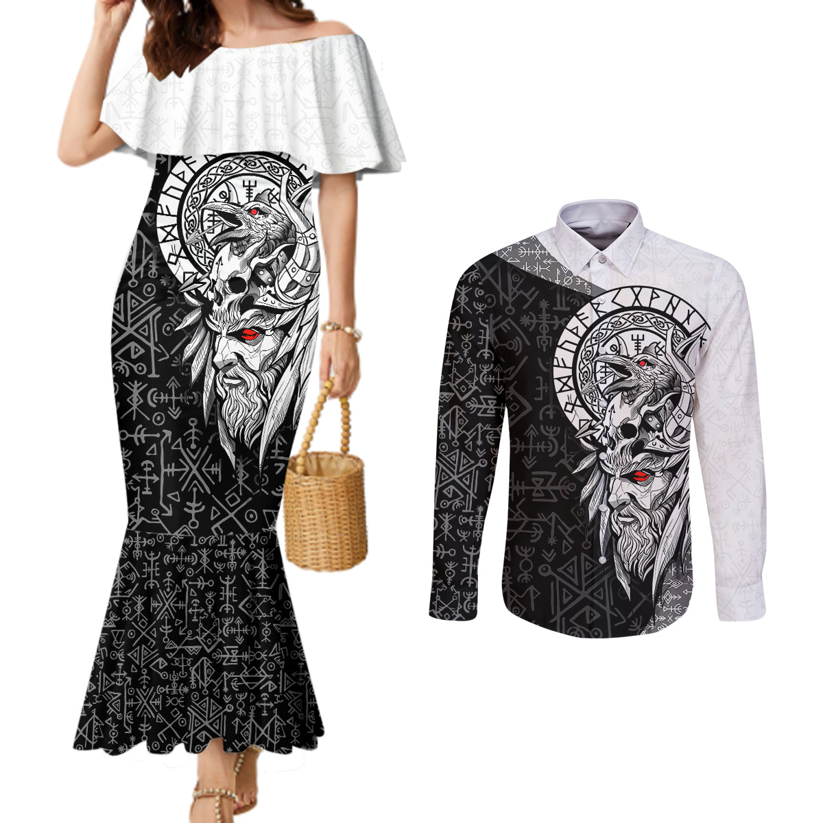 viking-odin-couples-matching-mermaid-dress-and-long-sleeve-button-shirts-ravens-of-valhalla-with-helm-of-awe-and-ancient-rune-patterns