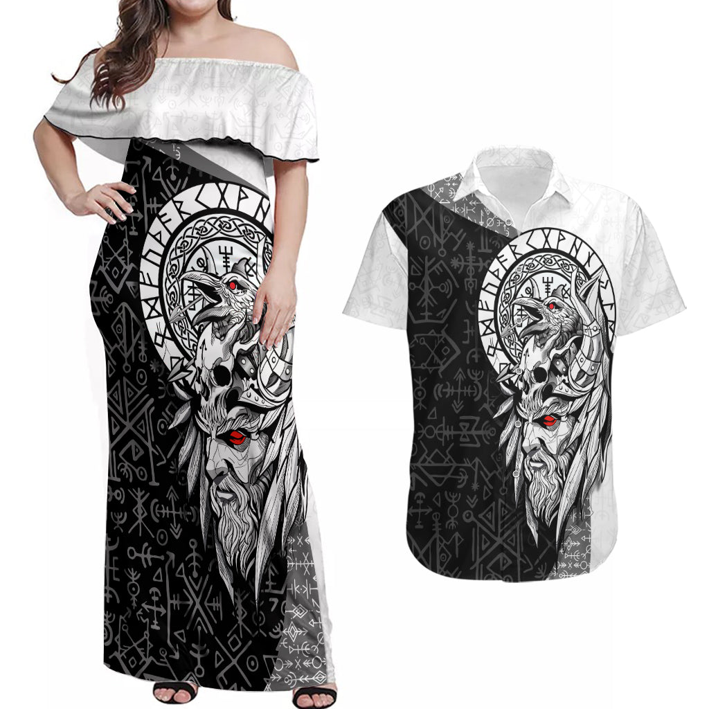Viking Odin Couples Matching Off Shoulder Maxi Dress and Hawaiian Shirt Ravens of Valhalla with Helm of Awe and Ancient Rune Patterns - Wonder Print Shop