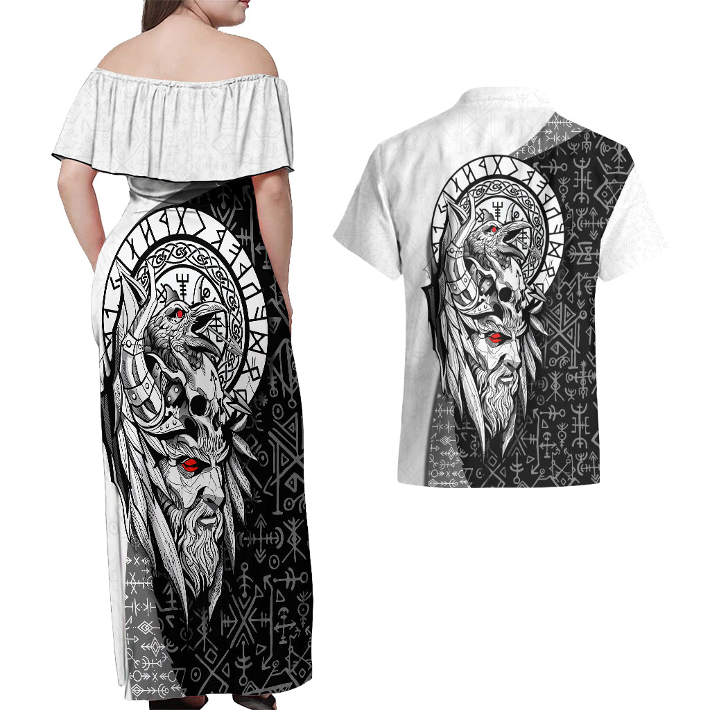 Viking Odin Couples Matching Off Shoulder Maxi Dress and Hawaiian Shirt Ravens of Valhalla with Helm of Awe and Ancient Rune Patterns - Wonder Print Shop
