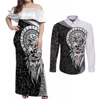 Viking Odin Couples Matching Off Shoulder Maxi Dress and Long Sleeve Button Shirts Ravens of Valhalla with Helm of Awe and Ancient Rune Patterns - Wonder Print Shop