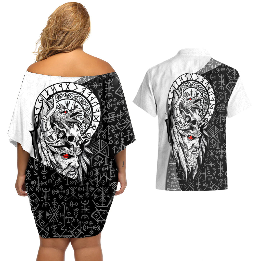 Viking Odin Couples Matching Off Shoulder Short Dress and Hawaiian Shirt Ravens of Valhalla with Helm of Awe and Ancient Rune Patterns - Wonder Print Shop