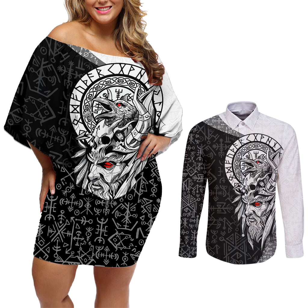 Viking Odin Couples Matching Off Shoulder Short Dress and Long Sleeve Button Shirts Ravens of Valhalla with Helm of Awe and Ancient Rune Patterns - Wonder Print Shop