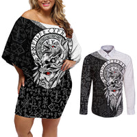 Viking Odin Couples Matching Off Shoulder Short Dress and Long Sleeve Button Shirts Ravens of Valhalla with Helm of Awe and Ancient Rune Patterns - Wonder Print Shop