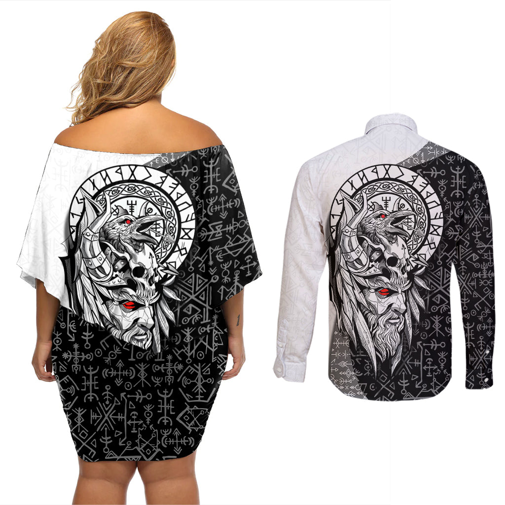 Viking Odin Couples Matching Off Shoulder Short Dress and Long Sleeve Button Shirts Ravens of Valhalla with Helm of Awe and Ancient Rune Patterns - Wonder Print Shop