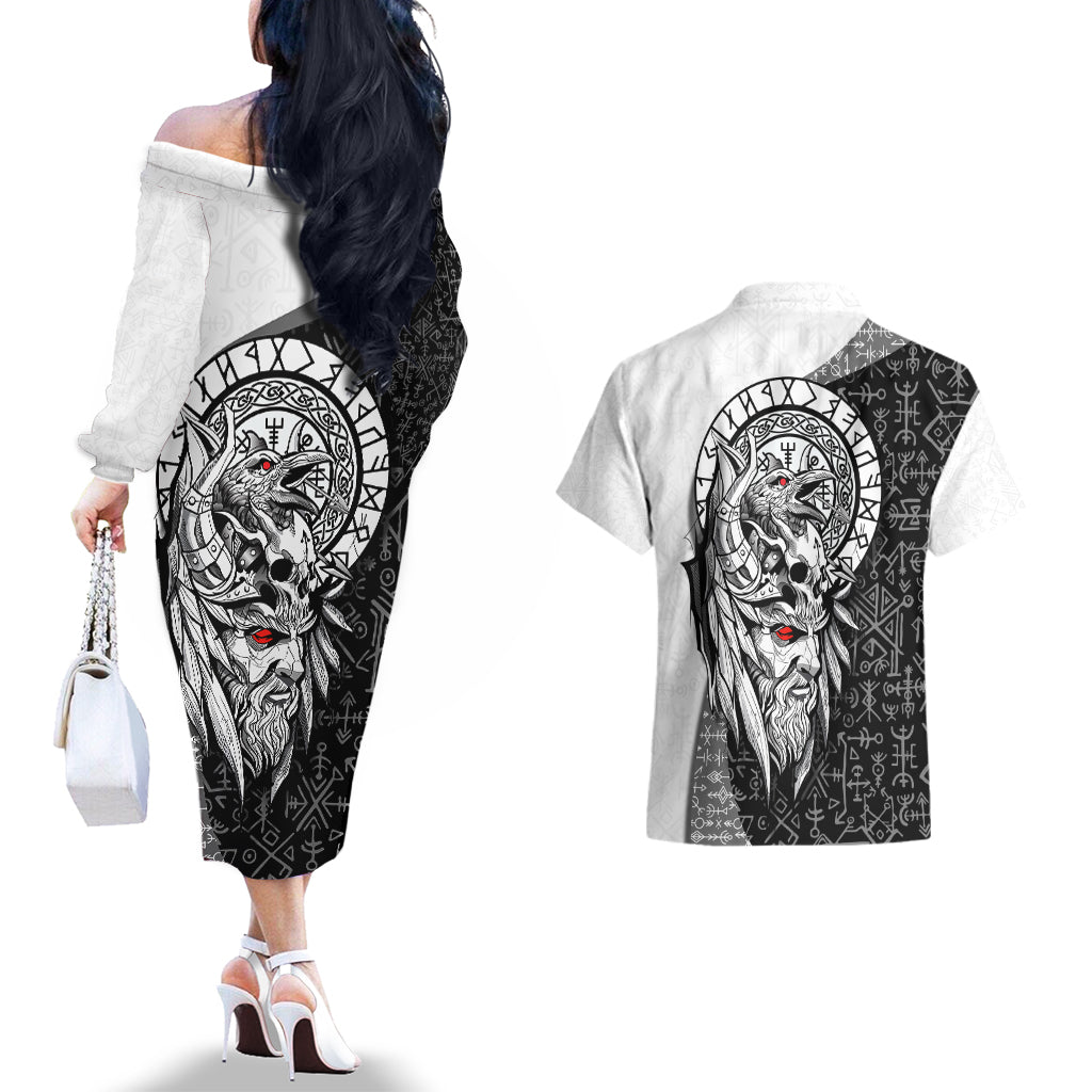 Viking Odin Couples Matching Off The Shoulder Long Sleeve Dress and Hawaiian Shirt Ravens of Valhalla with Helm of Awe and Ancient Rune Patterns - Wonder Print Shop