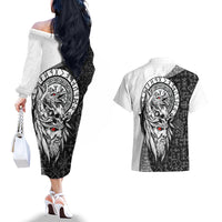 Viking Odin Couples Matching Off The Shoulder Long Sleeve Dress and Hawaiian Shirt Ravens of Valhalla with Helm of Awe and Ancient Rune Patterns - Wonder Print Shop