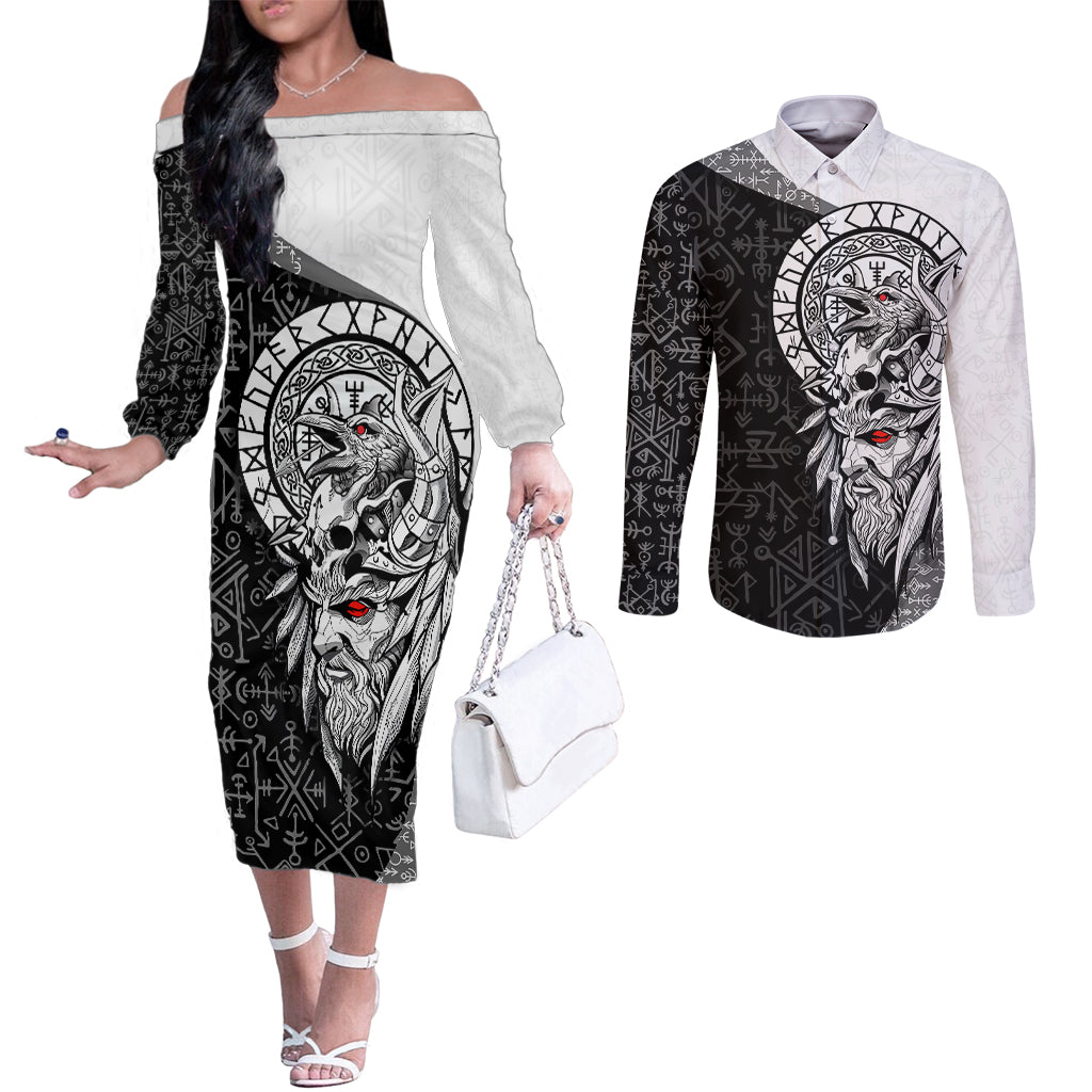 viking-odin-couples-matching-off-the-shoulder-long-sleeve-dress-and-long-sleeve-button-shirts-ravens-of-valhalla-with-helm-of-awe-and-ancient-rune-patterns