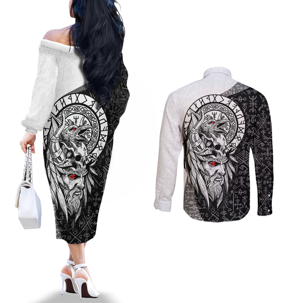 viking-odin-couples-matching-off-the-shoulder-long-sleeve-dress-and-long-sleeve-button-shirts-ravens-of-valhalla-with-helm-of-awe-and-ancient-rune-patterns