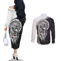 viking-odin-couples-matching-off-the-shoulder-long-sleeve-dress-and-long-sleeve-button-shirts-ravens-of-valhalla-with-helm-of-awe-and-ancient-rune-patterns