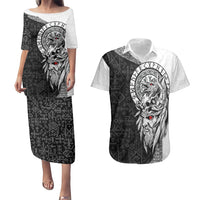 Viking Odin Couples Matching Puletasi Dress and Hawaiian Shirt Ravens of Valhalla with Helm of Awe and Ancient Rune Patterns - Wonder Print Shop