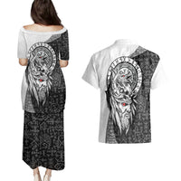Viking Odin Couples Matching Puletasi Dress and Hawaiian Shirt Ravens of Valhalla with Helm of Awe and Ancient Rune Patterns - Wonder Print Shop
